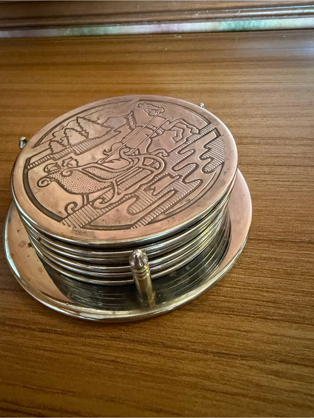 Vtg Christmas Silver Plated Coaster Set 6 Holder Sleigh Winter Holiday Vintage